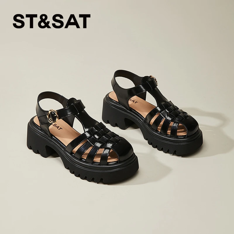 星期六厚底罗马鞋凉鞋女款2025夏季新款时尚休闲风镂空高跟猪笼鞋