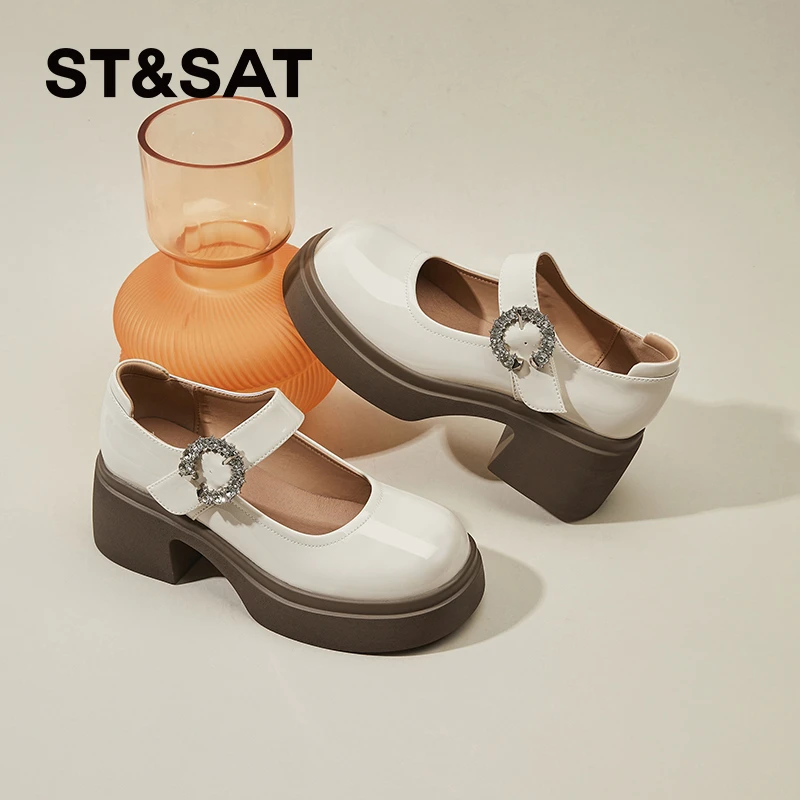 星期六厚底圆头单鞋女2025夏季新款学院风水钻一字带粗跟玛丽珍鞋