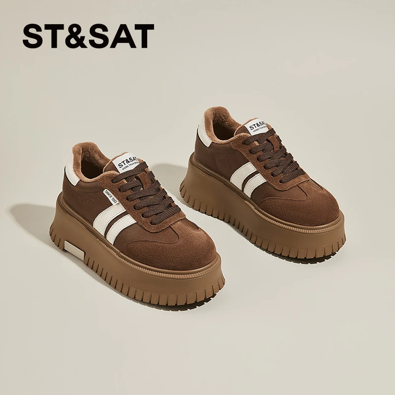 星期六厚底德训鞋女2025冬季新款复古加绒两条杠百搭运动松糕板鞋