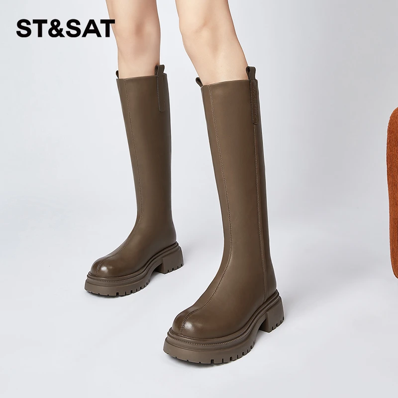 星期六小筒围不过膝长靴女2025新款春季加绒高筒显瘦厚底骑士长靴