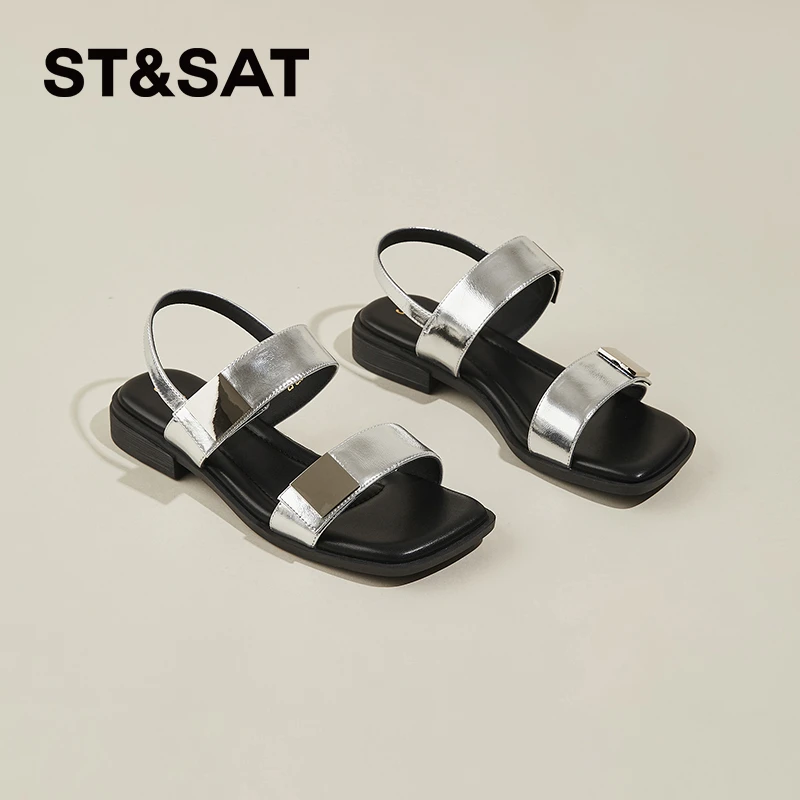 星期六平底凉鞋女2025夏新款方头露趾百搭外穿防滑轻便透气罗马鞋