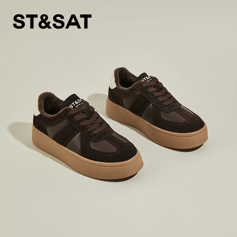 星期六时尚女款厚底增高板鞋2025冬季新款潮流百搭加绒时尚德训鞋