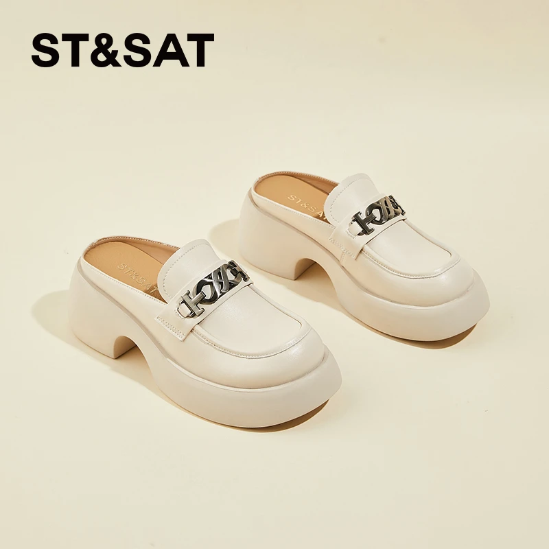 星期六厚底包头半拖鞋女外出高颜值优雅英伦风马衔扣软底休闲鞋子