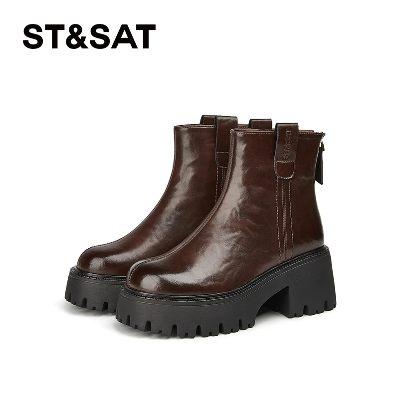 星期六复古英伦风时装靴女2025秋冬新款时尚潮流方跟厚底增高短靴