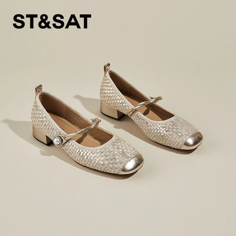 星期六玛丽珍鞋2025新款秋季编织设计法式气质珍珠一字带浅口单鞋