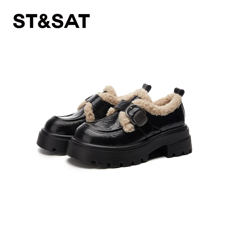 星期六加绒保暖乐福鞋女2025冬季新款小个子厚底增高一脚蹬小皮鞋