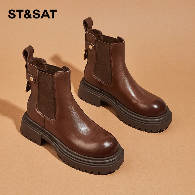 星期六复古切尔西靴2025冬季新款小个子增高时尚百搭粗跟女士短靴