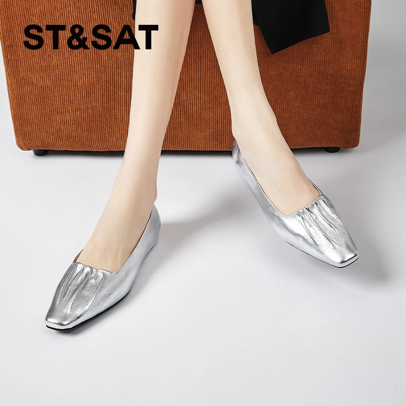 星期六银色褶皱单鞋女2025夏季新款百搭方头浅口平底鞋软底奶奶鞋