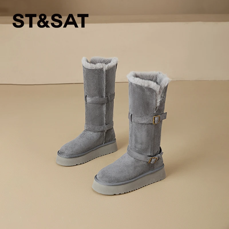 星期六翻面两穿棉靴女2025冬季新款可拆卸扣带加绒加厚保暖中筒靴