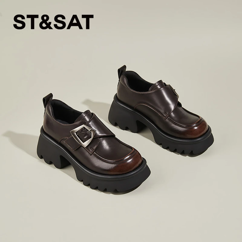 星期六优雅英伦风通勤小皮鞋2025新款时尚舒适百搭粗跟厚底乐福鞋
