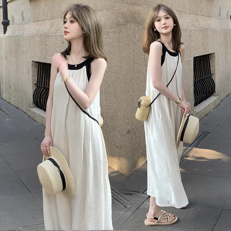 2023夏装韩版小个子时尚宽松圆领简约无袖吊带裙孕妇装大码连衣裙