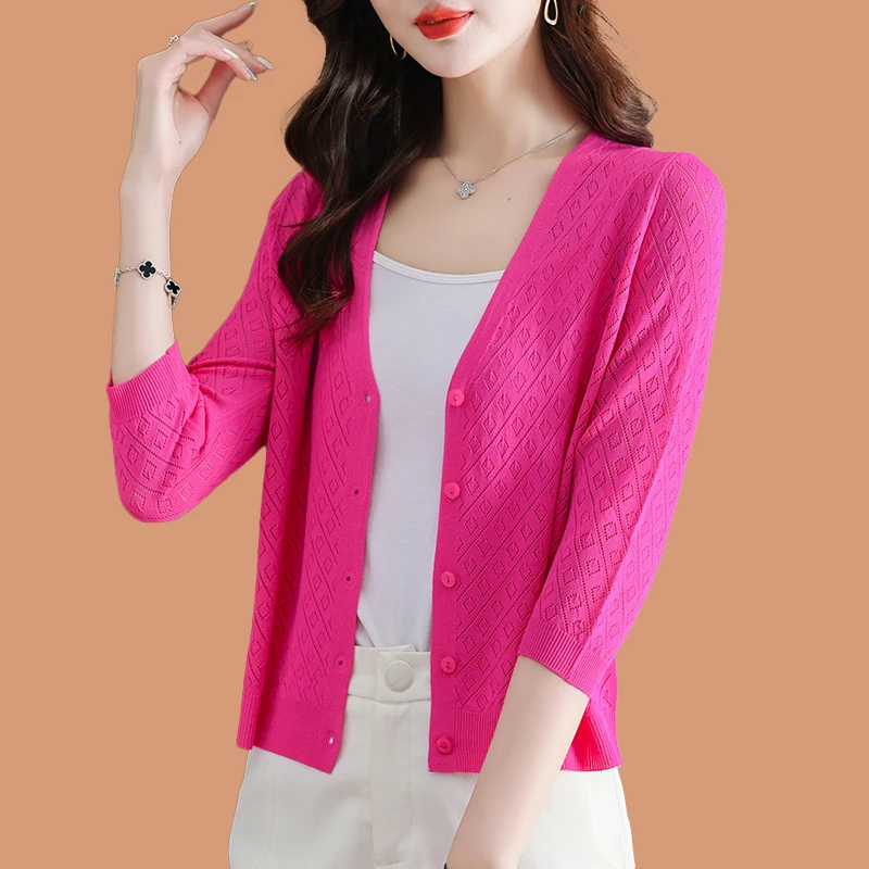 冰丝针织开衫女薄款小外搭披肩夏季配吊带裙子镂空桑蚕丝防晒上衣