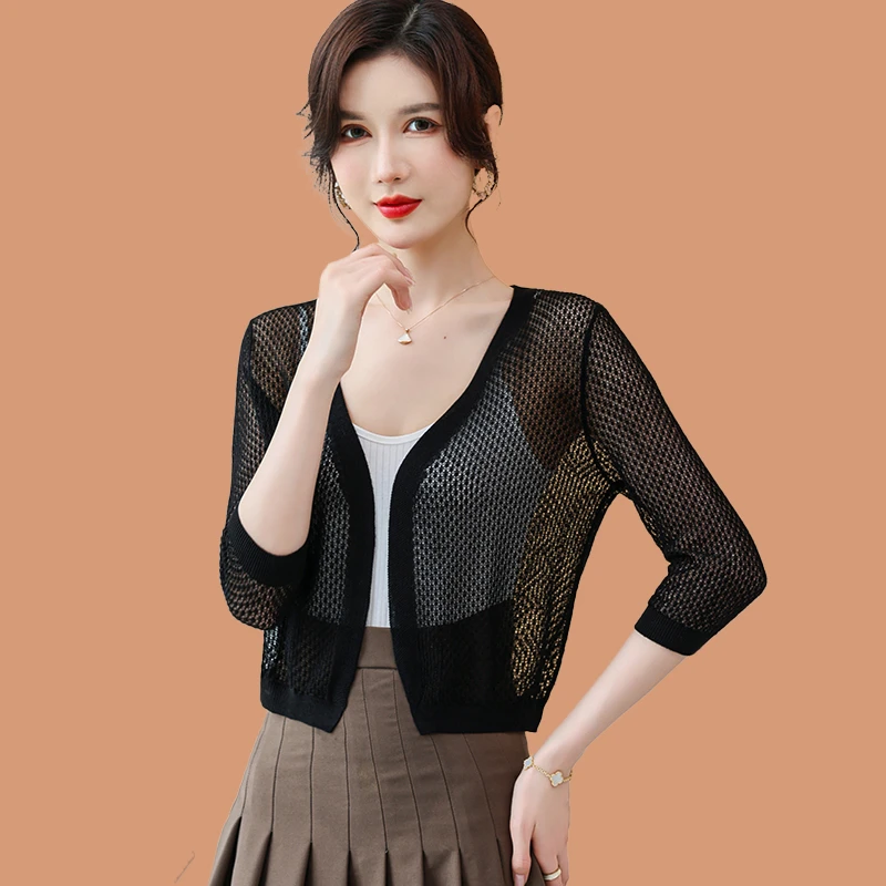 桑蚕丝开衫女士夏季披肩外搭裙子镂空网衫冰丝防晒衣短款宽松外套