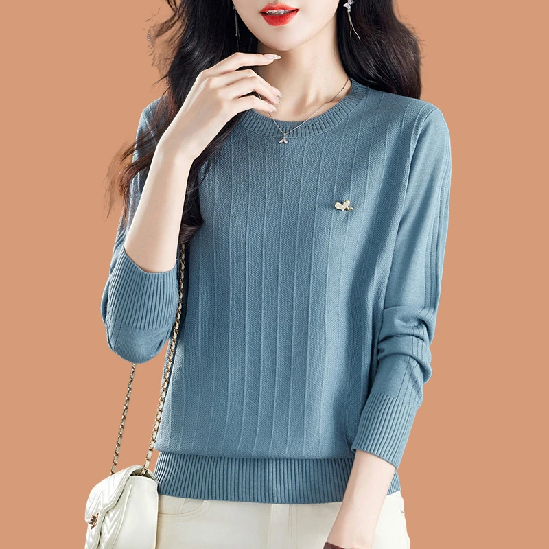 长袖洋气t恤女初秋装2024新款宽松中年妈妈外穿冰丝针织小衫上衣