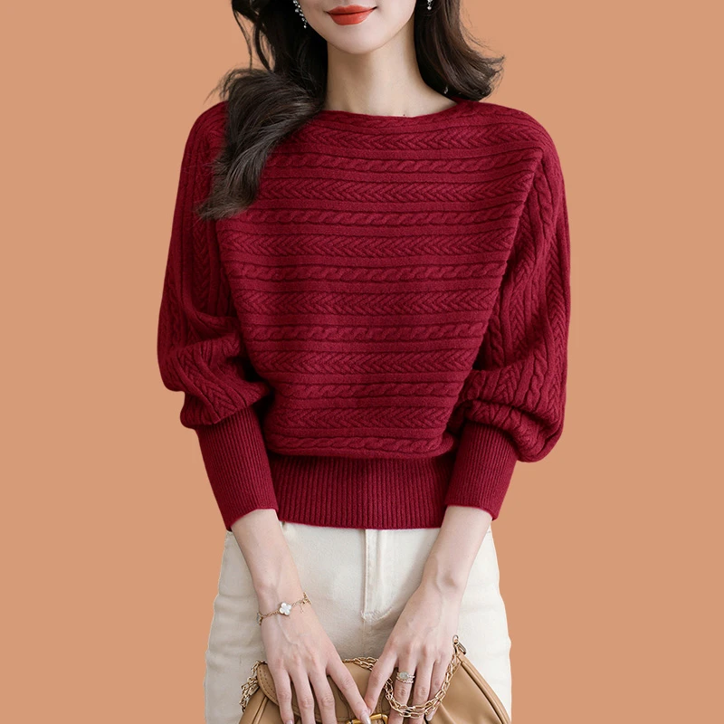 一字领毛衣女士秋冬2024新款宽松蝙蝠衫上衣羊毛针织打底衫配裙子