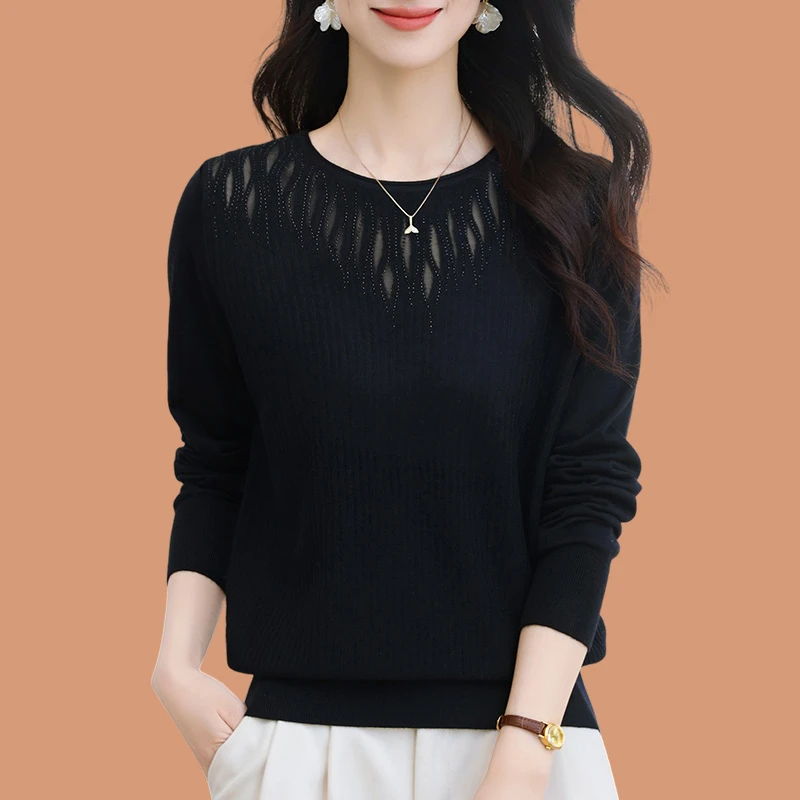 低领毛衣女春秋装2025新款薄款中年妈妈蕾丝烫钻时尚针织打底小衫
