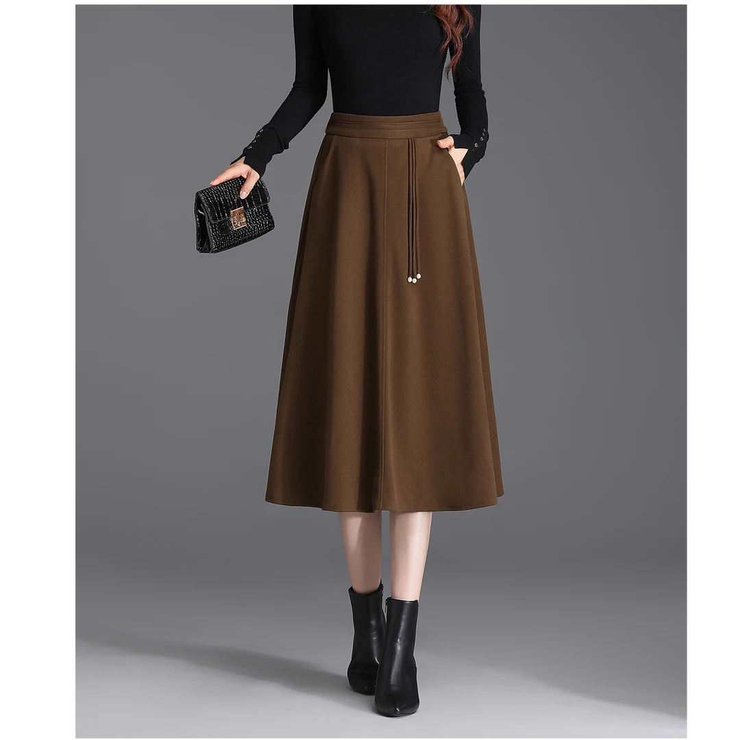国风毛呢半身裙女秋冬中长款2024高腰A字裙遮胯显瘦垂感百褶长裙