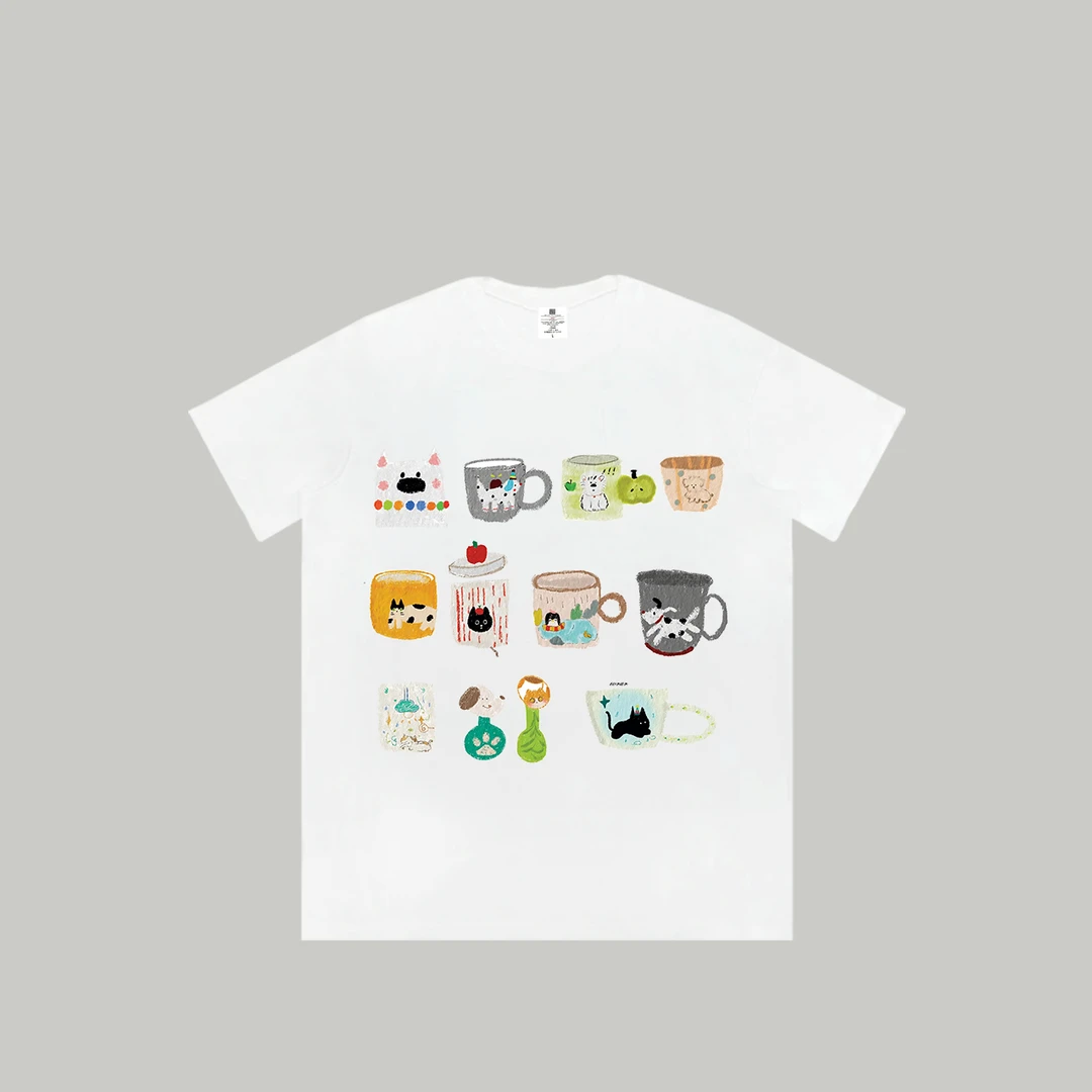 【可爱茶杯】新品潮流透气宽松T恤白色休闲情侣个性印花1