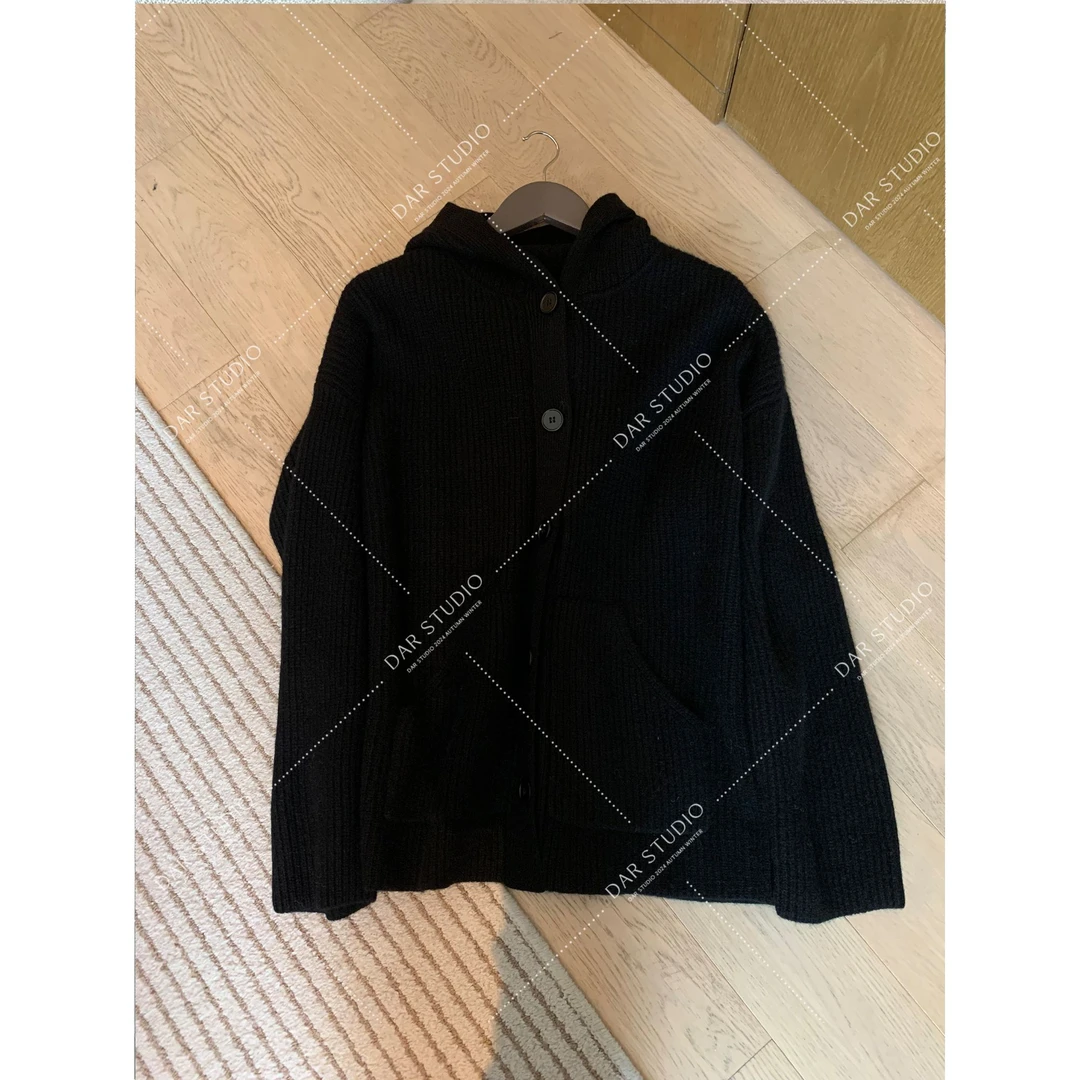 DAR STUDIO 【影像诗集】100羊毛秋冬新款宽松连帽开衫毛衣24056