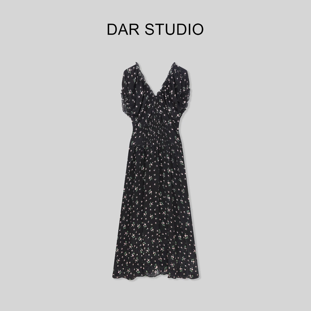 DAR STUDIO【海滨微风】2024夏季V领韩系碎花泡泡袖连衣裙85375