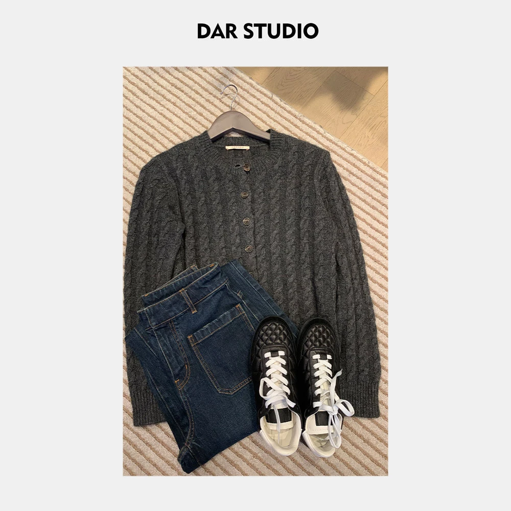 DAR STUDIO 深圳货【牛绒毛衣】50牛绒羊M秋冬麻花开衫毛衣88113