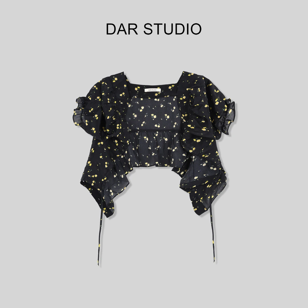 DAR STUDIO【碎花千金】气质短款印花露背荷叶边设计感 85227