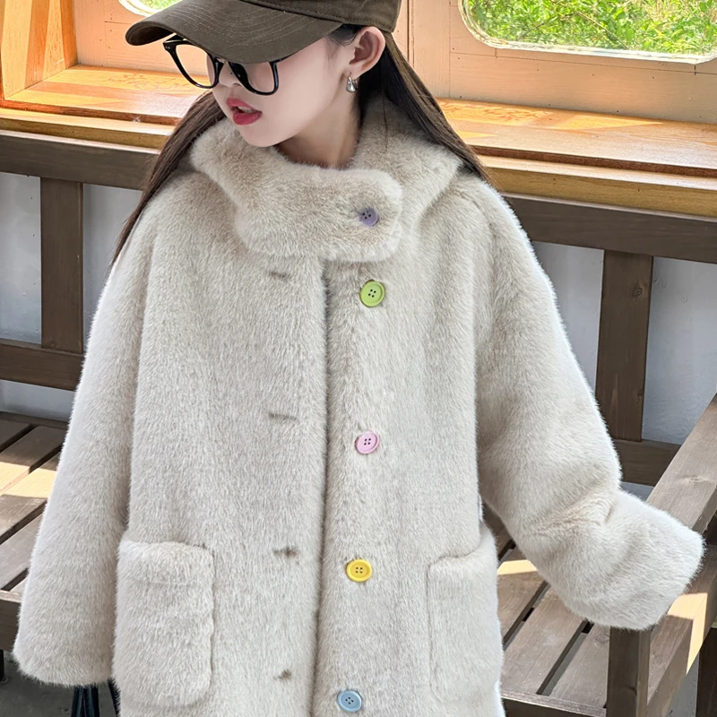 中长款儿童仿皮草外套女童冬仿水貂毛加绒加厚韩版中大童毛毛大衣