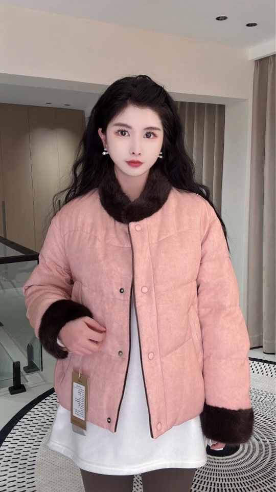 2024冬季新款女装高奢亚麻鹅绒服水貂毛领轻国风519
