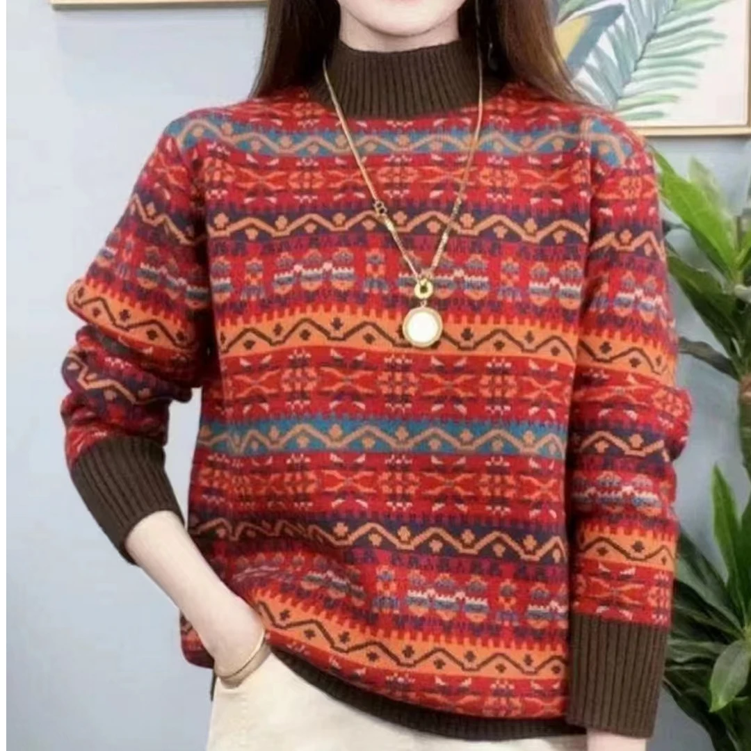 加厚半高领女士上衣洋气针织衫2024冬季时尚百搭休闲打底衫外穿