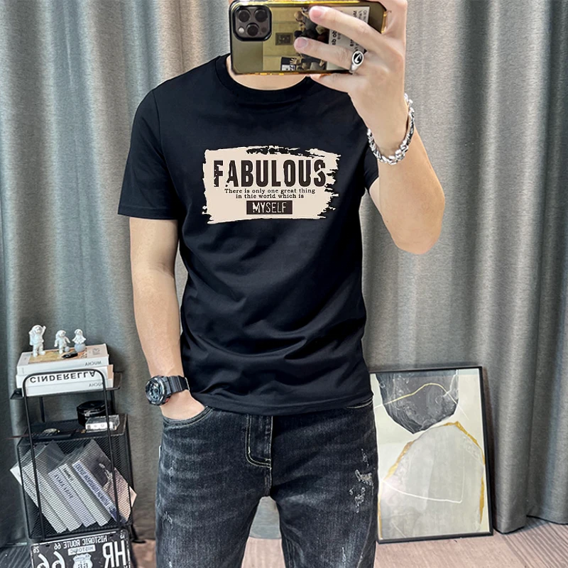 夏款时尚涂鸦字母印花短袖t桖男青年韩版修身男T潮流丝光棉T恤衫