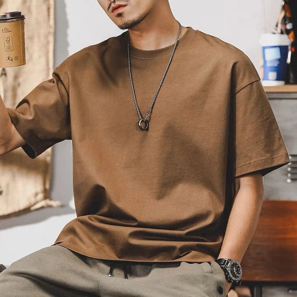 230克重磅纯棉短袖T恤男宽松潮流硬汉咖啡色打底衫圆领纯色半袖男