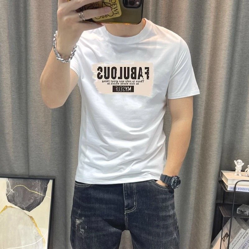 夏季新款丝光棉短袖t男潮流潮牌ins欧版修身百搭圆领T恤帅气T恤