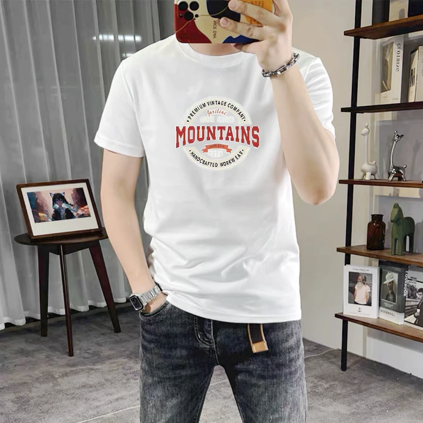 新款夏季帅气男士圆领短袖T恤潮牌百搭修身青年丝光棉透气半袖T