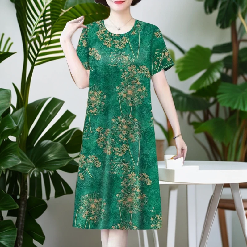 夏季新款短袖连衣裙印花遮肚洋气中长裙时尚气质中老年女装妈妈装