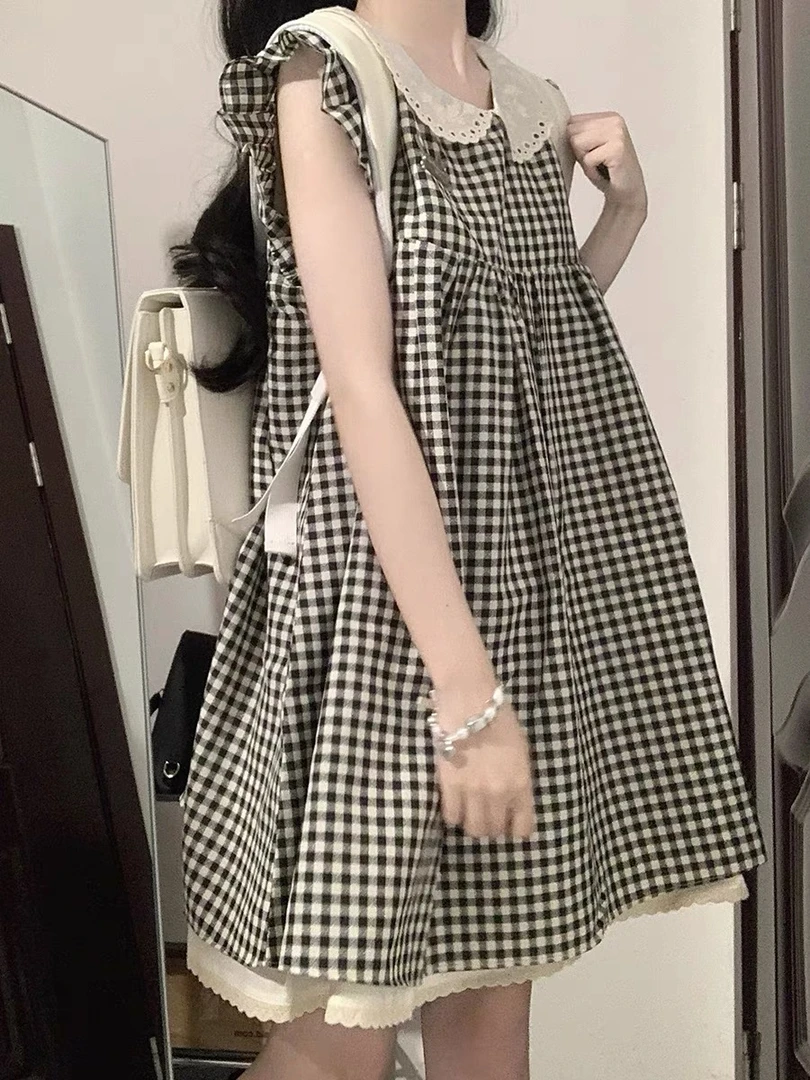【现货】娃娃领短款连衣裙女夏飞飞袖格子甜美宽松小个子无袖裙