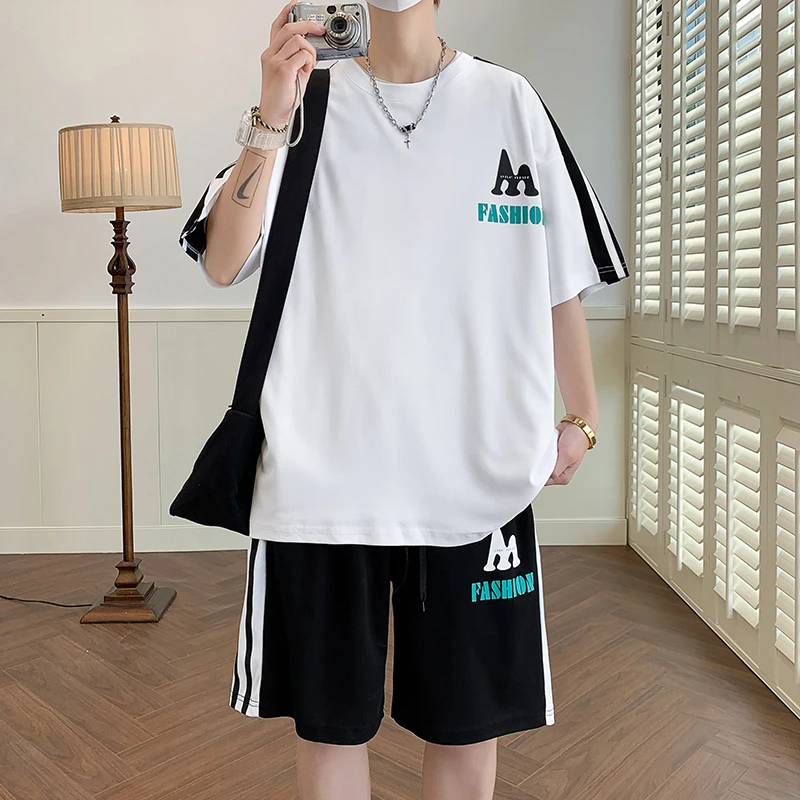 2024新款夏季青少年短袖t恤男初中高中学生大童夏装帅气运动套装
