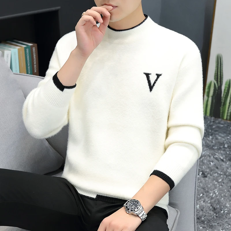 水貂绒毛衣男士秋冬季半高领针织打底衫青少年加绒加厚保暖上衣服