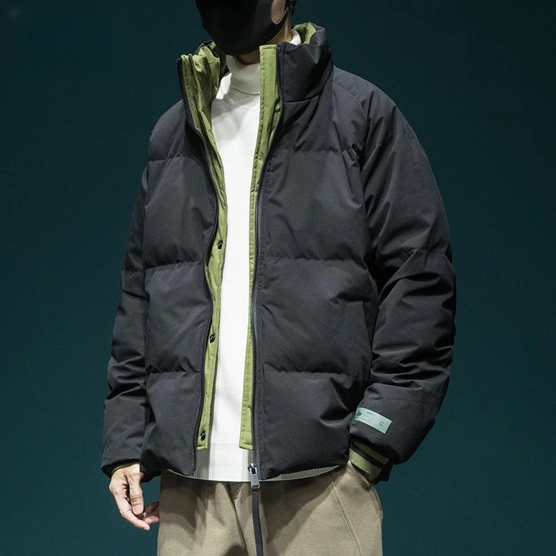 90%白鸭绒面包服冬季加厚假两件立领羽绒服男宽松潮牌保暖外套潮