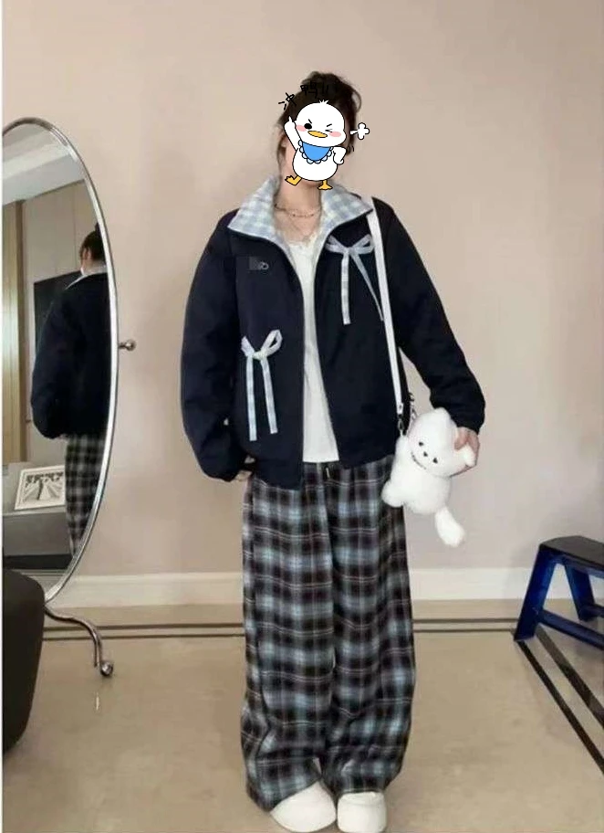 大码复古格子翻领蝴蝶结绑带外套格子裤子两件套9399#