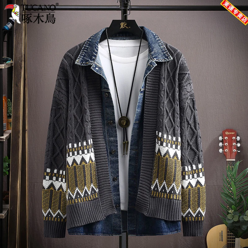 啄木鸟假两件牛仔外套男冬新款潮牌帅气宽松显瘦针织开衫夹克毛衣