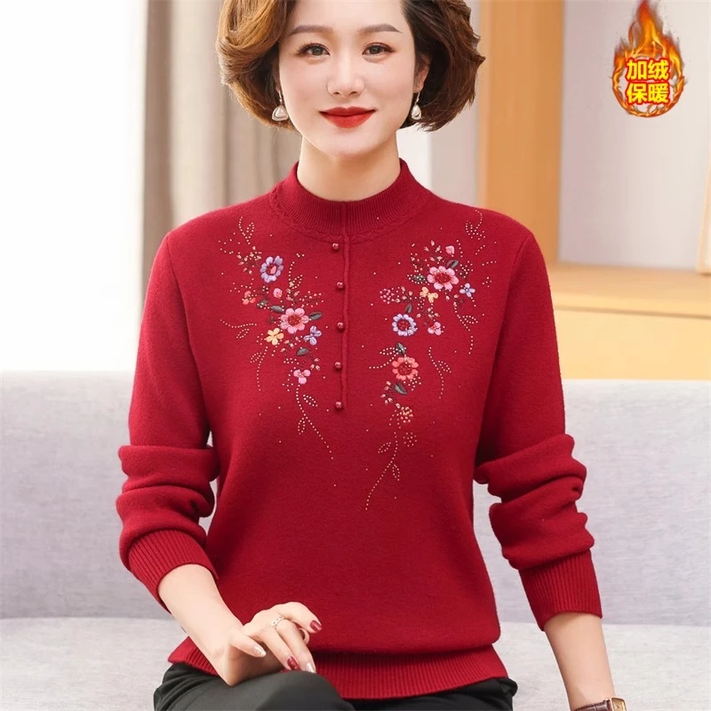妈妈冬装加厚一体绒毛衣中老年女装秋冬加绒保暖上衣半高领打底衫