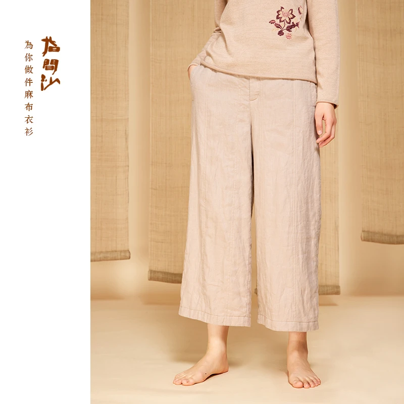 指间沙2442278原创女装24冬半松紧高腰裥棉直筒裤慵懒休闲裤