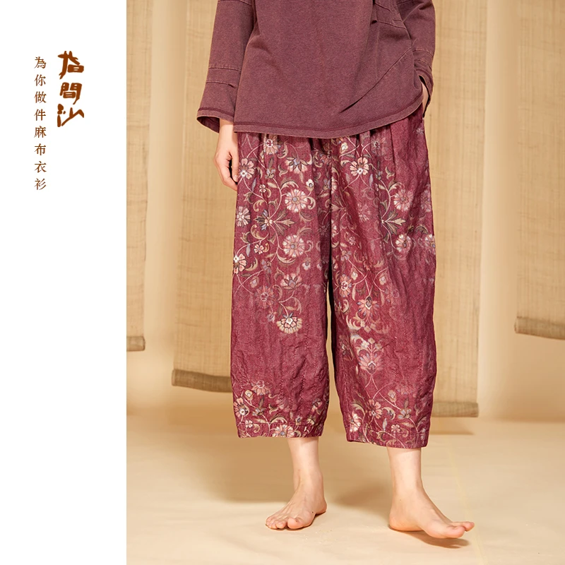 指间沙2442280原创女装24冬中式半松紧高腰印花灯芯绒裥线休闲裤