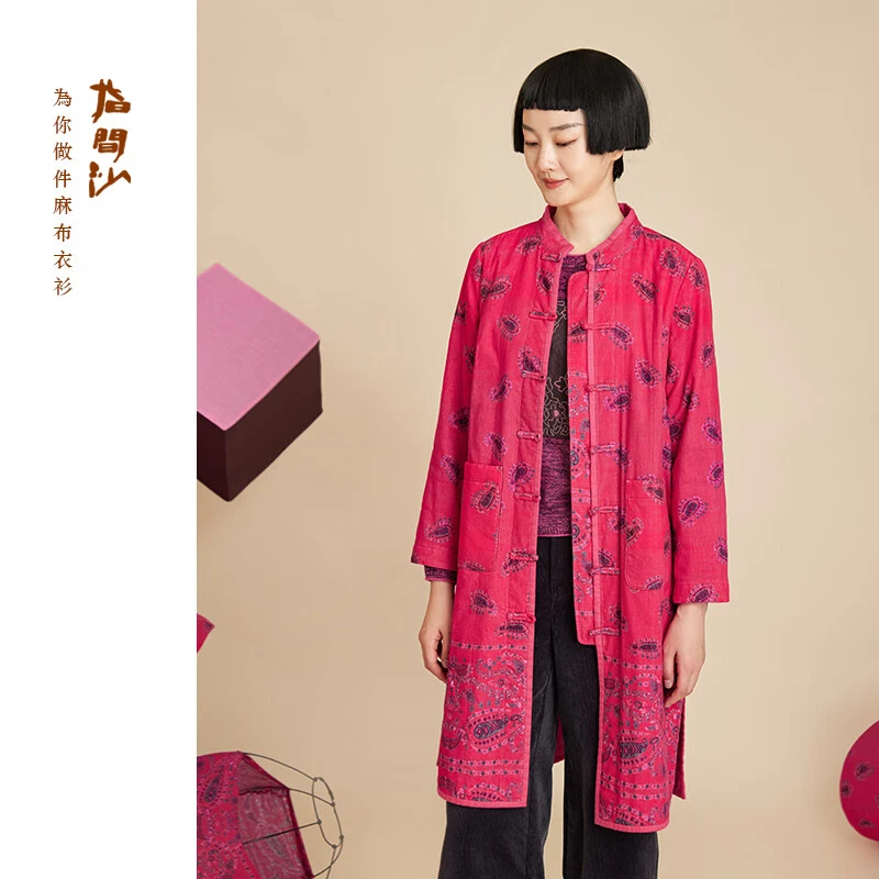 2341170指间沙女装23冬季中式文艺条绒印花棉衣外套东方复古裥棉