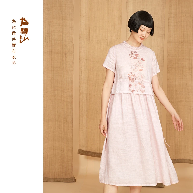 2425224指间沙女24夏文艺圆领印花高腰抽绳连衣裙苎麻炒色中长裙