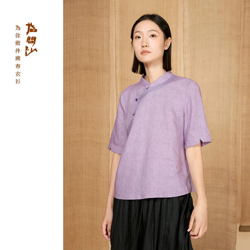 W2421345指间沙原创女装24夏文艺立领斜门襟刺绣上衣亚麻短袖T恤