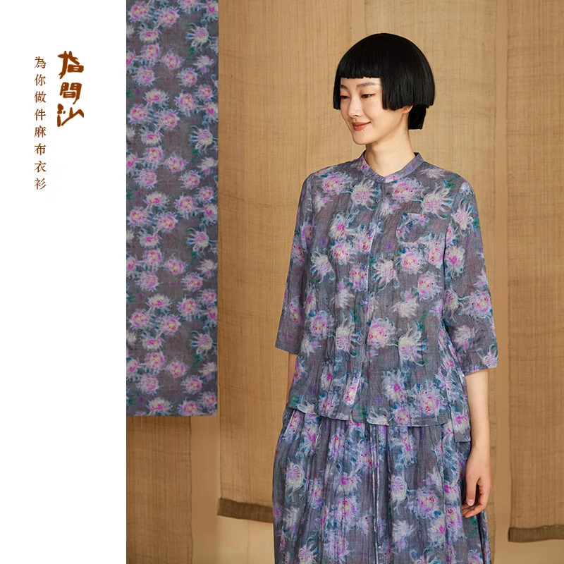 2421091指间沙女装24夏季文艺立领苎麻印花衬衫 通勤七分袖小开衫