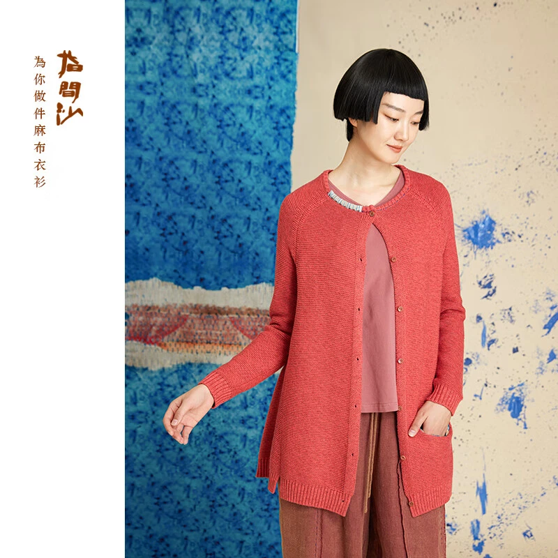 2341150指间沙女装23冬季中式A版针织中长外套文艺休闲圆领开衫针