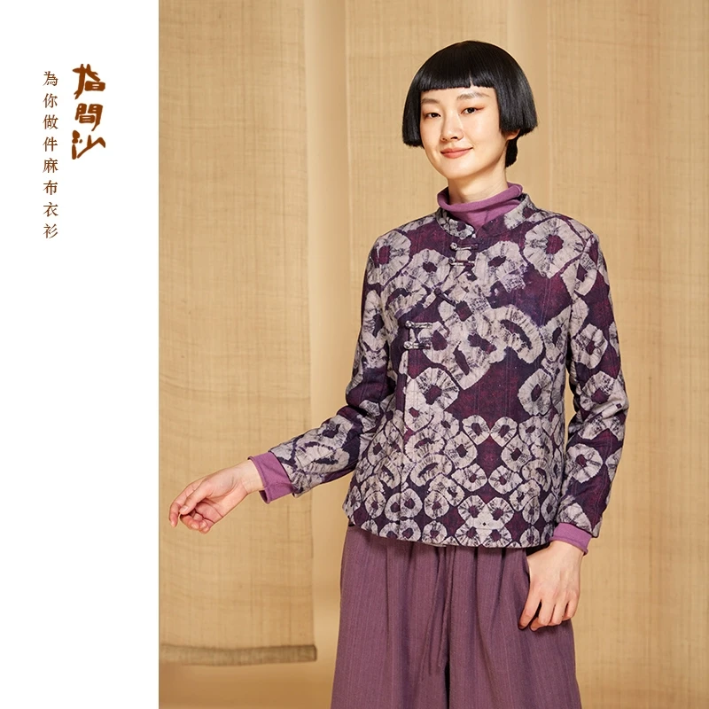 指间沙2441227女24冬立领斜门襟盘扣裥绒短外套印花保暖中式外套