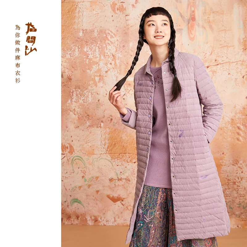 2241139指间沙女装2022冬季新款H型刺绣条绒白鸭绒羽绒服长外套